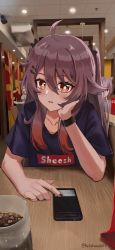 Rule 34 | 4girls, absurdres, ahoge, blush, brown hair, cellphone, clothes writing, cup, drinking glass, english text, genshin impact, hair ornament, hairclip, hand on own face, highres, hu tao (genshin impact), indoors, jealous, kai takanashi, keqing (genshin impact), multicolored hair, multiple girls, open mouth, phone, fake phone screenshot, pov, pov across table, purple hair, purple shirt, red eyes, red hair, restaurant, shirt, short sleeves, sitting, smartphone, symbol-shaped pupils, t-shirt, table, twintails, two-tone hair, wide-eyed, wooden table, wristband