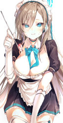 Rule 34 | 1girl, absurdres, asuna (blue archive), blue archive, blue eyes, blush, breasts, brown hair, cleavage, food, garter straps, gloves, grin, highres, huge filesize, irohatomo, long hair, looking at viewer, maid, maid headdress, mole, mole on breast, simple background, smile, solo, spoon, thighhighs, white background, white gloves, white thighhighs