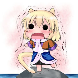 Rule 34 | 1girl, animal ears, blonde hair, blush, cat ears, cat girl, cat tail, chibi, extra ears, fang, female focus, hoshizuki (seigetsu), kemonomimi mode, mizuhashi parsee, open mouth, pointy ears, puru-see (hoshizuki (seigetsu)), rock, scarf, short hair, solid circle eyes, solo, standing, standing on one leg, tail, touhou, trapped, trembling, water