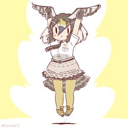 Rule 34 | 1girl, arms up, belt, bird girl, bird tail, bird wings, brown hair, coroha, feathered wings, full body, gloves, head wings, jumping, kemono friends, kemono friends 3, looking at viewer, necktie, pantyhose, peregrine falcon (kemono friends), shirt, shoes, short hair, simple background, skirt, solo, tail, wings, yellow background