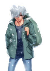 Rule 34 | 00s, 1boy, air (visual novel), backpack, bag, collarbone, denim, hair over one eye, jacket, jeans, kunisaki yukito, looking at viewer, male focus, open mouth, pants, short hair, silver hair, snot, snow, standing, toned, winter, zen