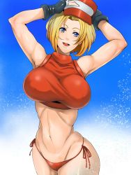 Rule 34 | 1girl, baseball cap, bikini, bikini bottom only, blonde hair, blue mary, breasts, fatal fury, hat, highres, image sample, large, large breasts, midriff, pixiv sample, snk, solo, swimsuit, the king of fighters