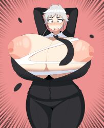 Rule 34 | absurdres, arms up, black suit, bleach, blush, breast expansion, breasts, brown eyes, bursting breasts, duskyer, formal, gigantic breasts, highres, huge nipples, kotetsu isane, motion blur, motion lines, necktie, nipples, open mouth, short hair, standing, suit, surprised, sweat, thick thighs, thighs, torn clothes, white hair, wide hips