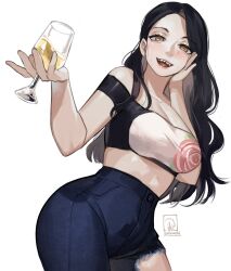 Rule 34 | 1girl, alcohol, black hair, blue pants, blush, breasts, casual, champagne, champagne flute, choujin x, crop top, cropped legs, cup, denim, drink, drinking, drinking glass, drunk, hair over shoulder, hand on own cheek, hand on own face, highres, holding, holding cup, ikahueki, jeans, large breasts, long hair, looking at viewer, midriff, open mouth, pants, sharp teeth, shirt, signature, simple background, smile, solo, t-shirt, taut clothes, taut shirt, teeth, torn clothes, torn jeans, torn pants, upper body, upper teeth only, white background, yellow eyes, yubiko (choujin x)