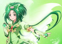 Rule 34 | 00s, 0417nao, 10s, 1girl, 2014, akimoto komachi, blush, cure mint, dated, detached sleeves, eyelashes, fingerless gloves, gloves, green background, green eyes, green hair, green skirt, green theme, hair ornament, happy, long hair, looking at viewer, magical girl, matching hair/eyes, precure, puffy sleeves, shirt, signature, skirt, smile, solo, vest, yes! precure 5, yes! precure 5 gogo!