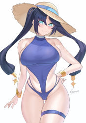 Rule 34 | 1girl, alternate costume, aori sora, aqua eyes, bangle, bare shoulders, blue hair, bracelet, breasts, closed mouth, contrapposto, covered navel, cowboy shot, dark blue hair, genshin impact, gluteal fold, gold, halterneck, hand on own hip, hat, highres, jewelry, large breasts, leaning forward, long hair, looking at viewer, mona (genshin impact), sideboob, sideless outfit, simple background, smile, solo, sun hat, swimsuit, thigh gap, thigh strap, twintails, twitter username, very long hair, white background, wide hips