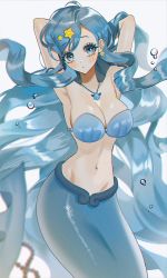Rule 34 | 1girl, air bubble, armpits, arms behind head, arms up, bare shoulders, blue eyes, blue hair, blush, breasts, bubble, cleavage, collarbone, commentary, cowboy shot, earrings, groin, hair between eyes, hair ornament, highres, houshou hanon, jewelry, large breasts, long hair, looking at viewer, mell (dmwe3537), mermaid, mermaid melody pichi pichi pitch, monster girl, navel, necklace, parted lips, shell, shell bikini, shell necklace, sidelocks, simple background, solo, star (symbol), star earrings, star hair ornament, stomach, symbol-only commentary, tail, tail ornament, white background