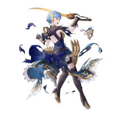 1girl azu-taro backless_dress backless_outfit blue_hair blutgang_(fire_emblem) braid breasts crown_braid dress fire_emblem fire_emblem:_three_houses fire_emblem_heroes full_body hair_ornament high_heels holding holding_sword holding_weapon jewelry marianne_von_edmund marianne_von_edmund_(cursed_blessing) nintendo official_alternate_costume official_art simple_background sword torn_clothes weapon white_background