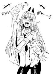 Rule 34 | 1girl, alcohol, arm up, blush, bottle, chainsaw man, cheering, contrapposto, cross-shaped pupils, drunk, fangs, greyscale, hair between eyes, hatching (texture), highres, holding, holding bottle, horns, long hair, looking at viewer, monochrome, necktie, oosawara sadao, open mouth, power (chainsaw man), saliva, simple background, smile, solo, symbol-shaped pupils, teeth, tongue, white background