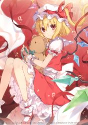 Rule 34 | 1girl, 6u (eternal land), absurdres, back bow, blonde hair, bow, bowtie, flandre scarlet, frilled skirt, frills, green bow, green bowtie, hair between eyes, hat, hat ribbon, highres, holding, long hair, looking at viewer, mary janes, red bow, red eyes, red footwear, red ribbon, red skirt, ribbon, shoes, short sleeves, side ponytail, skirt, smile, socks, solo, stuffed animal, stuffed toy, teddy bear, touhou, white bow, white hat, white socks, wings