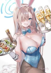 Rule 34 | 1girl, animal ears, asuna (blue archive), asuna (bunny) (blue archive), bare shoulders, blonde hair, blue archive, blue eyes, blue leotard, bow, bowtie, breasts, brown pantyhose, champagne flute, cleavage, cookie, covered navel, cowboy shot, cup, detached collar, drinking glass, fake animal ears, food, grin, hair over one eye, hair ribbon, hairband, halo, hands up, highleg, highleg leotard, holding, large breasts, leotard, long hair, looking at viewer, mole, mole on breast, natsume koji, official alternate costume, pantyhose, playboy bunny, pocky, rabbit ears, ribbon, simple background, smile, solo, strapless, strapless leotard, thighband pantyhose, tray, very long hair, white background, white hairband