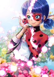 Rule 34 | 1girl, absurdres, bad id, bad pixiv id, blue eyes, blue hair, blush, cheek-to-cheek, domino mask, flower, heads together, highres, ladybug (character), low twintails, marinette dupain-cheng, mask, medium hair, miraculous ladybug, polka dot, smile, solo, superhero costume, tikki (miraculous ladybug), twintails, yuizawa