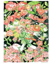 Rule 34 | 1boy, :&lt;, branch, closed mouth, coat, creature, crying, flower, garden, green coat, green eyes, green pants, green scarf, heart, highres, holding, holding branch, holding flower, leaf, light green hair, long sleeves, maruti bitamin, original, pants, patterned clothing, plant, puffy long sleeves, puffy sleeves, red ribbon, ribbon, scarf, scissors, sleeping, surreal, thorns, walking