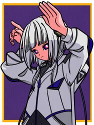 Rule 34 | 1girl, absurdres, arms up, blue eyes, border, bright pupils, cevio, closed mouth, commentary request, diamond hair ornament, expressionless, hair over shoulder, half-closed eyes, highres, hood, hood down, hooded jacket, index finger raised, jacket, kafu (cevio), kamitsubaki studio, long hair, long sleeves, looking at viewer, low twintails, multicolored eyes, outside border, phony (cevio), purple background, rabbit pose, red eyes, solo, tadano tajima, turtleneck, twintails, upper body, white border, white hair, white jacket, white pupils, yellow border