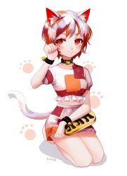 Rule 34 | 1girl, absurdres, animal ears, bell, bracelet, cat ears, cat tail, choker, collar, goutokuji mike, highres, jewelry, looking at viewer, multicolored hair, paw pose, shianebulae, short hair, short sleeves, smile, solo, tail, touhou, white hair, wristband