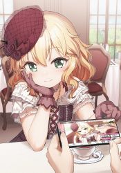 Rule 34 | 1girl, 1other, absurdres, blonde hair, cross-laced clothes, cup, dress, fishnet gloves, fishnets, frilled dress, frills, gloves, green eyes, hand on own cheek, hand on own face, head rest, highres, holding, holding phone, idolmaster, idolmaster cinderella girls, idolmaster cinderella girls starlight stage, indoors, looking at viewer, meta, phone, fake phone screenshot, pointing, pov, pov hands, sakurai momoka, sitting, smile, tea, teacup, yukie (kusaka shi)