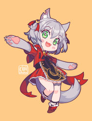 Rule 34 | 1girl, animal ears, animal hands, ankle strap, apron, bell, black apron, boots, braided hair rings, capelet, chibi, cipichama, crescent, crescent hair ornament, crescent print, fangs, fur-trimmed hood, fur boots, fur trim, gloves, green eyes, hair ornament, highres, hood, kamizuki naki, neck bell, notched ear, open mouth, paw gloves, prism project, red capelet, short hair, silver hair, solo, tail, virtual youtuber, wolf ears, wolf girl, wolf tail