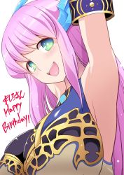 Rule 34 | 1girl, :d, armband, armpits, blush, breasts, bright pupils, copyright request, diisuke, green eyes, hand up, hands up, happy birthday, large breasts, long hair, looking at viewer, open mouth, pink hair, simple background, smile, solo, teeth, upper body, upper teeth only, white background, white pupils
