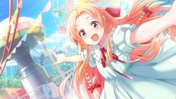 Rule 34 | 1girl, ahoge, amusement park, blonde hair, blush, bow, braid, breasts, carousel, cloud, day, dress, female focus, ferris wheel, floating hair, hair bow, hair ribbon, happy, highres, index finger raised, kawagishi keitarou, kojima rohrbach, long hair, looking at viewer, maji de watashi ni koi shinasai! a ryouken route after, open mouth, outdoors, outstretched arms, pointing, purple eyes, red bow, red ribbon, ribbon, sky, small breasts, smile, standing, twin braids