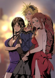 Rule 34 | 1boy, 2girls, aerith gainsborough, arm hug, backless dress, backless outfit, bad id, bad pixiv id, black hair, blush, breasts, brown hair, cleavage, cloud strife, club3, crossdressing, dress, embarrassed, final fantasy, final fantasy vii, final fantasy vii remake, highres, large breasts, looking at viewer, multiple girls, purple dress, red dress, smile, spiked hair, tifa lockhart, tifa lockhart (refined dress), wall market