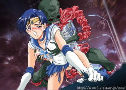 Rule 34 | 1990s (style), 1girl, all fours, bent over, bishoujo senshi sailor moon, blue eyes, blue hair, blush, grabbing another&#039;s breast, breasts, censored, choker, doggystyle, grabbing, mizuno ami, monster, rape, sailor mercury, sex, sex from behind, short hair, tears, torn clothes, vaginal