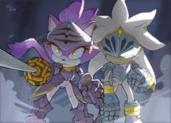 Rule 34 | 1boy, 1girl, animal ears, animal nose, arm up, armor, artist name, blaze the cat, blue gemstone, boots, cat ears, cat girl, cat tail, eyelashes, furry, furry female, furry male, gem, grey armor, grey footwear, hand up, hedgehog, hedgehog ears, hedgehog tail, helmet, highres, holding, holding weapon, lark3d, looking to the side, official alternate costume, orange eyes, pants, purple fur, silver the hedgehog, sonic (series), sonic and the black knight, standing, sword, tail, teeth, topknot, weapon, white fur, white pants