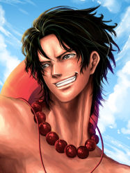 Rule 34 | 1boy, beads, black hair, cloud, day, freckles, grey eyes, grin, hat, hat on back, jewelry, male focus, necklace, one piece, portgas d. ace, portrait, prayer beads, sky, smile, solo, stampede string, topless male, yumiyokiak