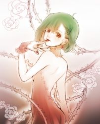 Rule 34 | 1girl, ahoge, alternate costume, backless dress, backless outfit, bare arms, bare shoulders, braid, breasts, bridal gauntlets, dress, earrings, eyelashes, finger to mouth, fingernails, green hair, jewelry, kimidori (kimidoriri), lips, lipstick, looking back, macross, macross frontier, makeup, muted color, nail polish, parted lips, ranka lee, red eyes, short hair, sleeveless, sleeveless dress, small breasts, smile, solo