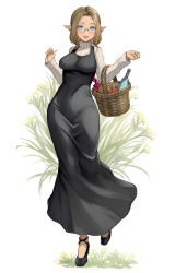 Rule 34 | 1girl, :d, basket, blush, breasts, brown hair, character request, commentary request, earrings, elf, final fantasy, final fantasy xiv, full body, glasses, highres, holding, holding basket, jewelry, long sleeves, looking at viewer, medium breasts, open mouth, pointy ears, short hair, smile, solo, standing, standing on one leg, sweater, torisanff14, turtleneck, turtleneck sweater, white background