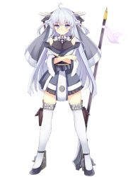 Rule 34 | 1girl, ahoge, breasts, crossed arms, full body, grey eyes, highres, long hair, looking at viewer, matsuyama (shirohime quest), medium breasts, polearm, shirohime quest, silver hair, simple background, solo, standing, thighhighs, very long hair, weapon, white background, white thighhighs