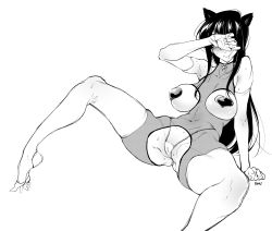 Rule 34 | 1girl, absurdres, animal ears, armpits, ass, bare shoulders, barefoot, blush, bodysuit, breast cutout, breasts, cameltoe, cat ears, covered erect nipples, f.w.zholic, facing viewer, fishnet bodysuit, fishnets, greyscale, heart pasties, highres, komi-san wa komyushou desu, komi shouko, long hair, looking at viewer, monochrome, pasties, simple background, sitting, solo, spread legs, sweat, thighhighs, thong, white background