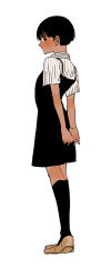 Rule 34 | 1girl, arms behind back, bare arms, black dress, black hair, black socks, blouse, blush, bowl cut, breasts, brown footwear, brown hair, casual, chokuboron ryou, closed mouth, collared shirt, dark-skinned female, dark skin, dress, from behind, full body, fur trim, interlocked fingers, kneehighs, light smile, looking at viewer, obishima yukari, own hands together, pinafore dress, shirt, shoes, short hair, short sleeves, sideways glance, simple background, sleeveless, sleeveless dress, socks, spaghetti strap, standing, striped clothes, striped shirt, vertical-striped clothes, vertical-striped shirt, white background, world trigger