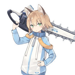Rule 34 | 1girl, :&lt;, animal ears, blush, chainsaw, closed mouth, copyright request, fox ears, green eyes, hair between eyes, hand on own hip, head tilt, holding, jacket, light brown hair, long sleeves, looking at viewer, over shoulder, poco (asahi age), short hair, simple background, sleeves past wrists, solo, white background, white jacket