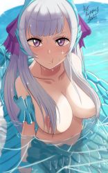 Rule 34 | 1girl, artist name, black clover, blush, breasts, female focus, hair over breasts, highres, large breasts, long hair, looking at viewer, navel, nipples, noelle silva, partially submerged, pout, purple eyes, silver hair, solo, the amazing gambit, water