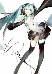 Rule 34 | 1girl, aqua eyes, aqua hair, asymmetrical legwear, black skirt, black thighhighs, feet out of frame, hair ornament, hatsune miku, headset, highres, leaning forward, long hair, looking to the side, outstretched arms, signature, skirt, smile, solo, standing, thighhighs, twintails, uneven legwear, very long hair, vocaloid, yyb, zettai ryouiki