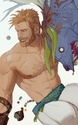 Rule 34 | 1boy, abs, artist name, bara, beard, behemoth (final fantasy), blonde hair, chest hair, coin, earrings, facial hair, final fantasy, final fantasy vi, grin, jewelry, long hair, looking ahead, male focus, monster, muscular, muscular male, nipples, paexie, pants, ponytail, sabin rene figaro, simple background, smile, solo, sweat, topless male, white background, white pants