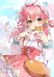 Rule 34 | 1girl, 35p (sakura miko), absurdres, ahoge, bag, blush, breasts, character doll, detached sleeves, double-parted bangs, dutch angle, food, food-themed bag, frilled hairband, frilled skirt, frilled sleeves, frills, green eyes, hair between eyes, hair bobbles, hair ornament, hair rings, hairband, hairclip, handbag, highres, holding, holding food, hololive, izumi kei, japanese clothes, kimono, layered skirt, lolita fashion, lolita hairband, long hair, looking at viewer, medium breasts, official alternate costume, official alternate hairstyle, open mouth, outdoors, pink hair, pleated skirt, sakura miko, sakura miko (new year), skirt, sleeveless, sleeveless kimono, solo, sweet lolita, taiyaki, twintails, underbust, virtual youtuber, wa lolita, wagashi, white hairband, white skirt, white sleeves