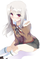 Rule 34 | 1girl, blush, clenched hands, collarbone, fate/kaleid liner prisma illya, fate (series), full body, highres, homurahara academy school uniform, illyasviel von einzbern, kneehighs, knees together feet apart, long hair, long sleeves, looking at viewer, parted lips, red eyes, school uniform, serafuku, shadow, shoes, silver hair, simple background, sitting, socks, solo, tareme, thu, white background, white socks
