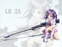 Rule 34 | 1girl, ahoge, anti-materiel rifle, arm support, breasts, cleavage, gun, hexagon, long hair, lr-2a, on one knee, original, panties, pantyshot, purple eyes, purple hair, ribbon, rifle, shirt, side ponytail, sitting, skirt, sniper rifle, solo, striped clothes, striped panties, taut clothes, taut shirt, trigger discipline, underwear, upskirt, violet arthur, weapon, zi se, zoom layer