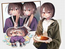 Rule 34 | &gt; &lt;, 2girls, blush, brown eyes, brown hair, closed mouth, curry, curry rice, food, hair between eyes, highres, holding, holding plate, hyuuga (kancolle), ise (kancolle), japanese clothes, kantai collection, kazeshio, long sleeves, multiple girls, multiple views, open mouth, plate, ponytail, rice, short hair, smile, white hair