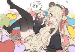 Rule 34 | 1girl, ahoge, animal ears, bear ears, black thighhighs, blonde hair, bow, claw pose, edel (ikeuchi tanuma), fake animal ears, fang, hair bow, hair over one eye, heart, ikeuchi tanuma, long hair, long sleeves, looking at viewer, lying, one eye covered, open mouth, original, red bow, red eyes, sidelocks, sketch, skirt, solo, speech bubble, stuffed animal, stuffed toy, sweater, teddy bear, thighhighs