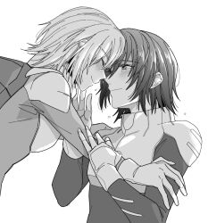 Rule 34 | 1boy, 1girl, athrun zala, breasts, cagalli yula athha, closed eyes, couple, crying, greyscale, gundam, gundam seed, gundam seed destiny, hair between eyes, hand on another&#039;s arm, hand on another&#039;s cheek, hand on another&#039;s face, happy tears, hetero, looking at another, medium breasts, monochrome, short hair, smile, tears, upper body, white background, yumoto o