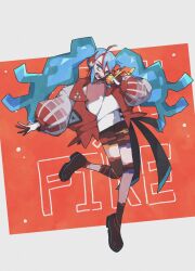 Rule 34 | 1girl, blue eyes, blue hair, commentary, creatures (company), domidomi444, fire miku (project voltage), game freak, hatsune miku, headphones, highres, jacket, long hair, looking at viewer, multicolored clothes, multicolored jacket, musical note, nintendo, open clothes, open jacket, open mouth, poke ball print, pokemon, project voltage, puffy sleeves, shirt, solo, twintails, two-tone gloves, two-tone jacket, very long hair, vocaloid