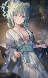 Rule 34 | 1girl, absurdres, animal ear fluff, animal ears, bath yukata, blue archive, blush, breasts, breasts apart, collarbone, extra ears, green hair, halo, hanten (clothes), highres, holding, holding clothes, japanese clothes, kimono, light smile, looking at viewer, medium breasts, myowa, official alternate costume, shigure (blue archive), shigure (hot spring) (blue archive), short twintails, snowing, solo, tail, twintails, weasel ears, weasel tail, wooden wall, yukata