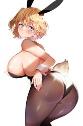 Rule 34 | 1girl, animal ears, areola slip, black leotard, black pantyhose, blonde hair, blue eyes, blush, breasts, detached collar, fake animal ears, fake tail, large breasts, leaning forward, leotard, looking at viewer, looking back, meesuke, original, pantyhose, playboy bunny, rabbit ears, rabbit tail, short hair, simple background, solo, tail, white background, wrist cuffs