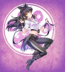 Rule 34 | 1girl, bandaged arm, bandages, belt, black belt, black footwear, black hair, black legwear, blake belladonna, boots, bow, full body, hair bow, head tilt, high heel boots, high heels, iesupa, long hair, midriff, navel, pants, paw print, paw print background, ribbon, rwby, sheath, sheathed, solo, stomach, waist cape, weapon, weapon on back, yellow eyes