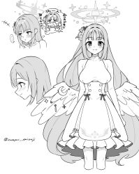 Rule 34 | 1girl, :t, angel wings, armpit crease, bare shoulders, blue archive, bow, breasts, character sheet, closed mouth, commentary request, dress, expressions, feathered wings, hair bun, hair ornament, hair scrunchie, halo, highres, large breasts, long hair, low wings, mika (blue archive), multiple views, pout, profile, saionji mayoi, scrunchie, single side bun, sleeveless, sleeveless dress, smile, standing, straight-on, thought bubble, translation request, very long hair, wing decorations, wings