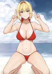 Rule 34 | 1girl, ahoge, bare shoulders, barefoot, beach, bikini, blonde hair, blue sky, blush, breasts, cleavage, closed mouth, cocq taichou, collarbone, double v, fate/extra, fate (series), green eyes, hair bun, hair intakes, hair ribbon, highres, kneeling, large breasts, long hair, looking at viewer, navel, nero claudius (fate), nero claudius (fate) (all), nero claudius (fate/extra), ocean, red bikini, red ribbon, ribbon, shore, sky, smile, solo, swimsuit, thighs, v