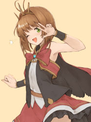 Rule 34 | 1girl, ;d, antenna hair, armpits, bad id, bad pixiv id, bare shoulders, blush, brown hair, cagliostro (granblue fantasy), cagliostro (granblue fantasy) (cosplay), cape, cardcaptor sakura, commentary request, cosplay, granblue fantasy, green eyes, kinomoto sakura, koretsuki azuma, looking at viewer, one eye closed, open mouth, red skirt, shirt, skirt, sleeveless, sleeveless shirt, smile, solo, star (symbol), tange sakura, voice actor connection, w, wink, wrist cuffs, yellow background