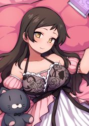 Rule 34 | 1girl, blush, book, breasts, brown eyes, detached sleeves, floral print, halterneck, idolmaster, idolmaster million live!, idolmaster million live! theater days, kitazawa shiho, kwaejina, layered nightgown, long hair, looking at viewer, lying, medium breasts, nightgown, on back, on bed, parted bangs, pillow, smile, solo, stuffed animal, stuffed cat, stuffed toy, yellow eyes